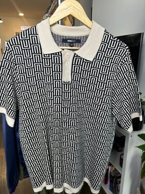 Fashion Nova Black & Cream Geometric Knit Polo